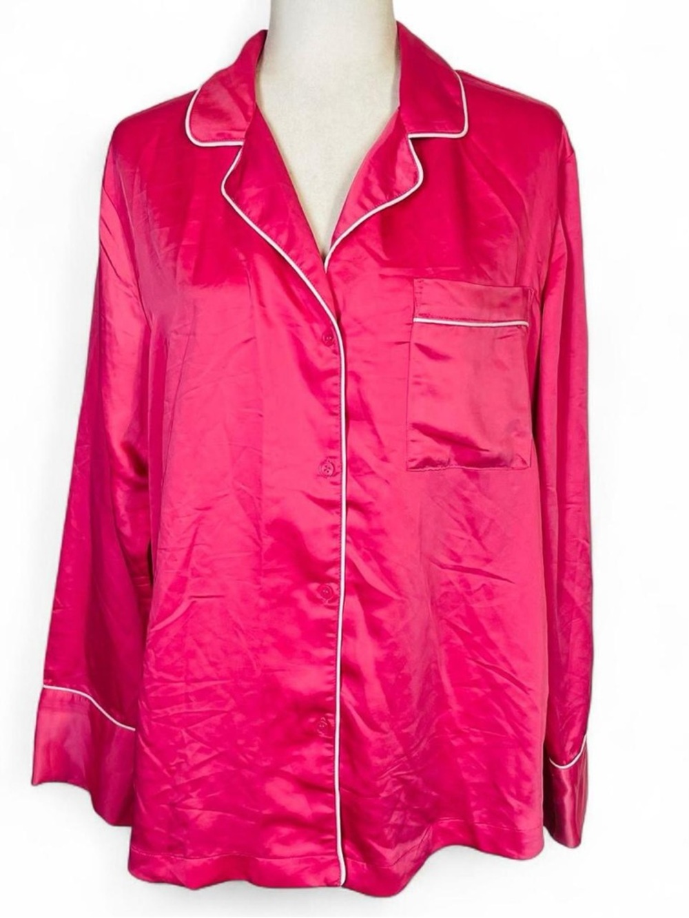 H&M Women's Size Medium M Button Down Pajama Top Shirt Pink White Trim Pocket